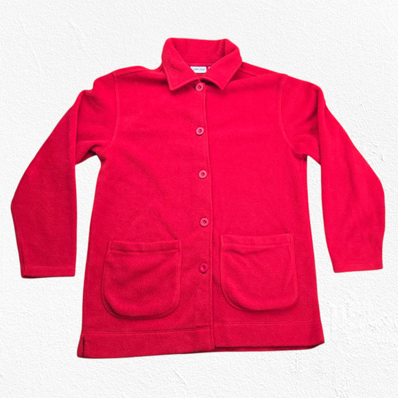 Y2K Vintage Cherry Red Collared Button Down Vibrant Fleece Jacket Size Medium - Picture 1 of 10